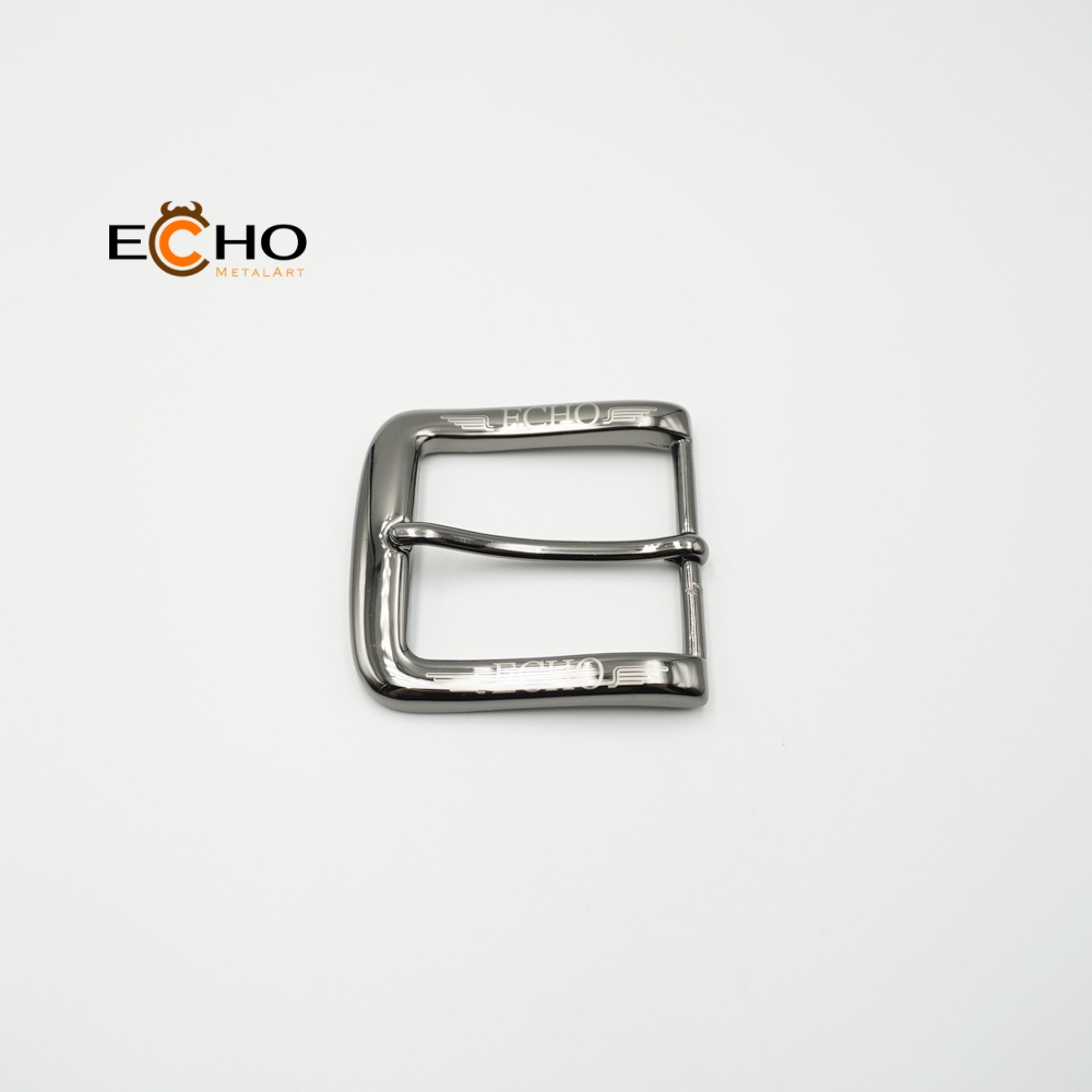 Laser Engraved Logo Pin Buckle in Shiny Black Nickel Finish