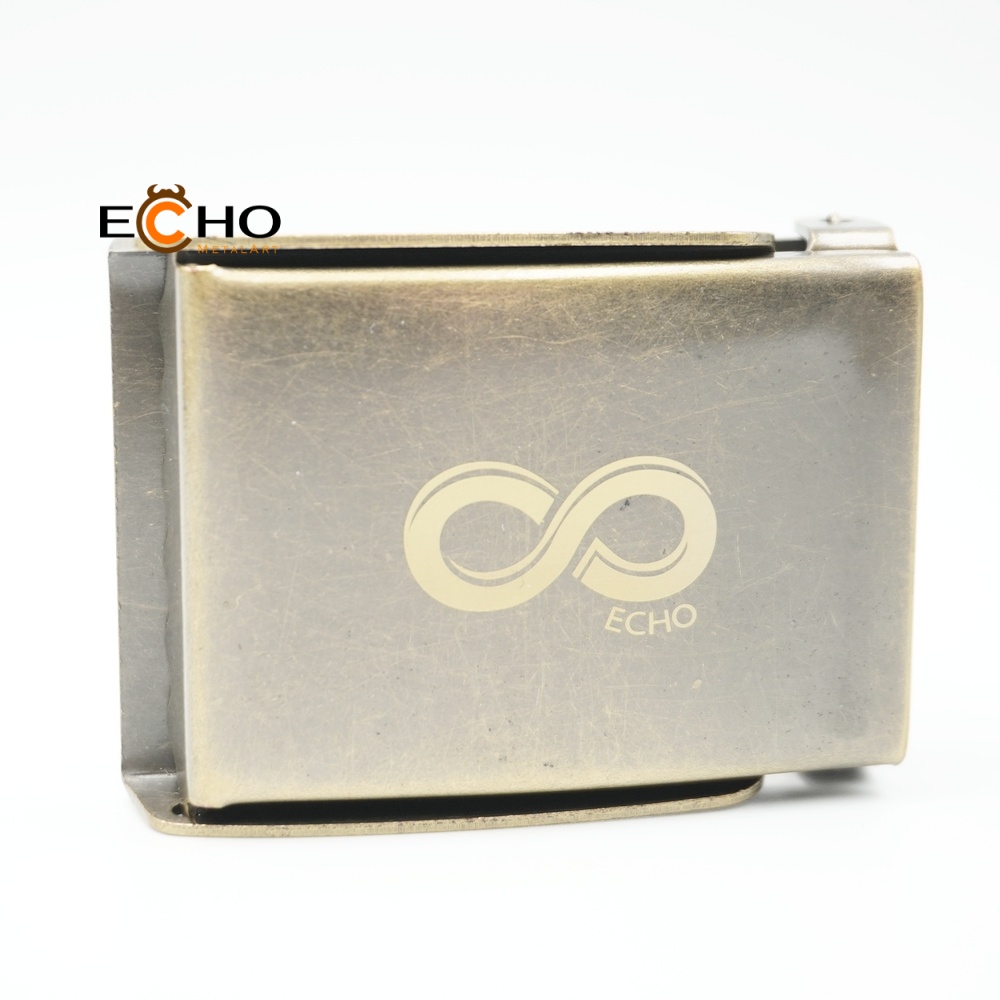Shiny Antique Green Copper Clamp Buckle with Two-Tone Laser Engraved Logo | Retro Metal Belt Hardwar