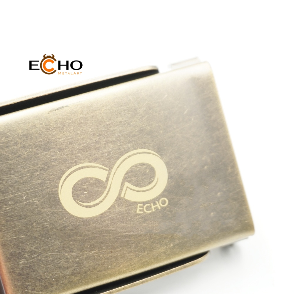 Matte Antique Green Copper Clamp Buckle with Two-Tone Laser Engraved Logo | Retro Metal Belt Buckle